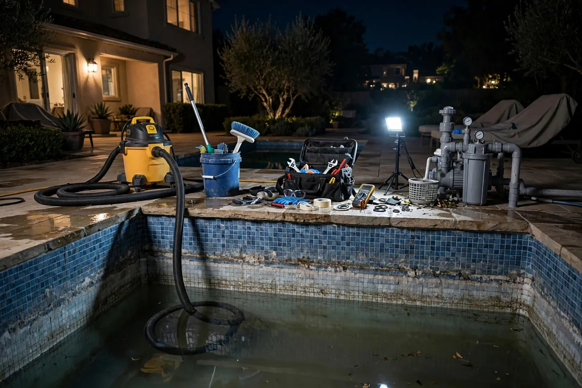 Pool with low waterline at night