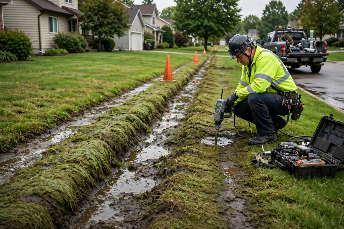 Soggy grass strip over a service line