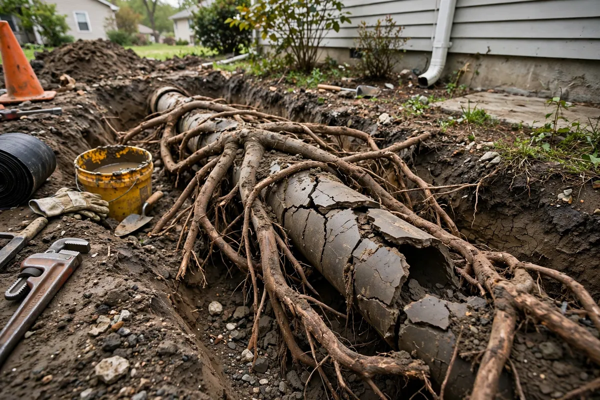 Tree roots invading a cracked pipe