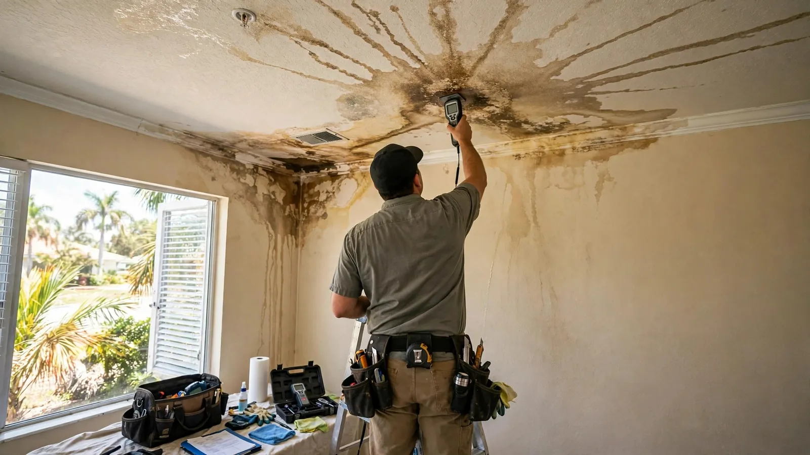 Water stain on a ceiling being inspected with a moisture meter during leak triage in Leesburg, Florida