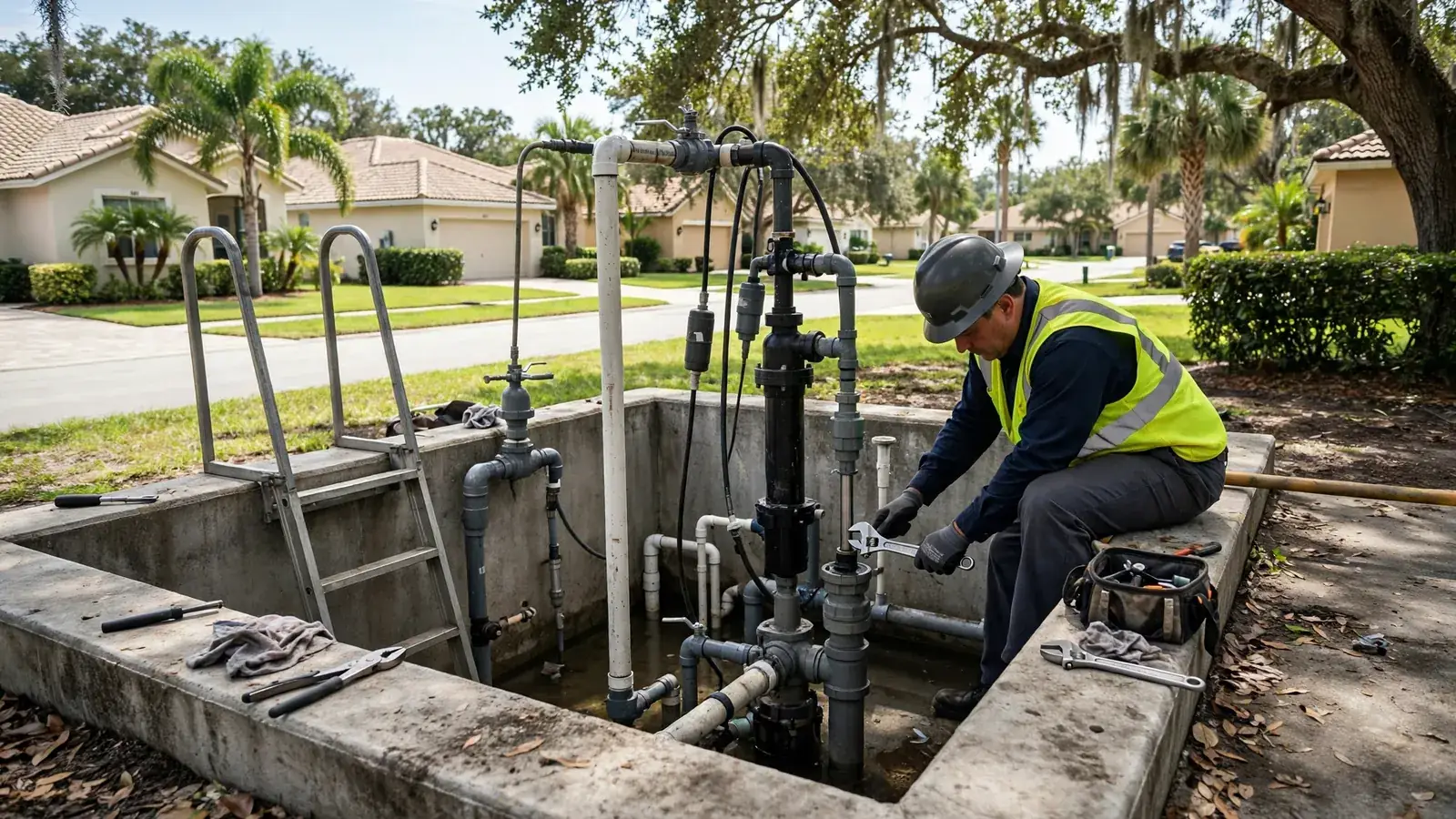 Technician inspecting a commercial lift pump station in a Leesburg, FL business