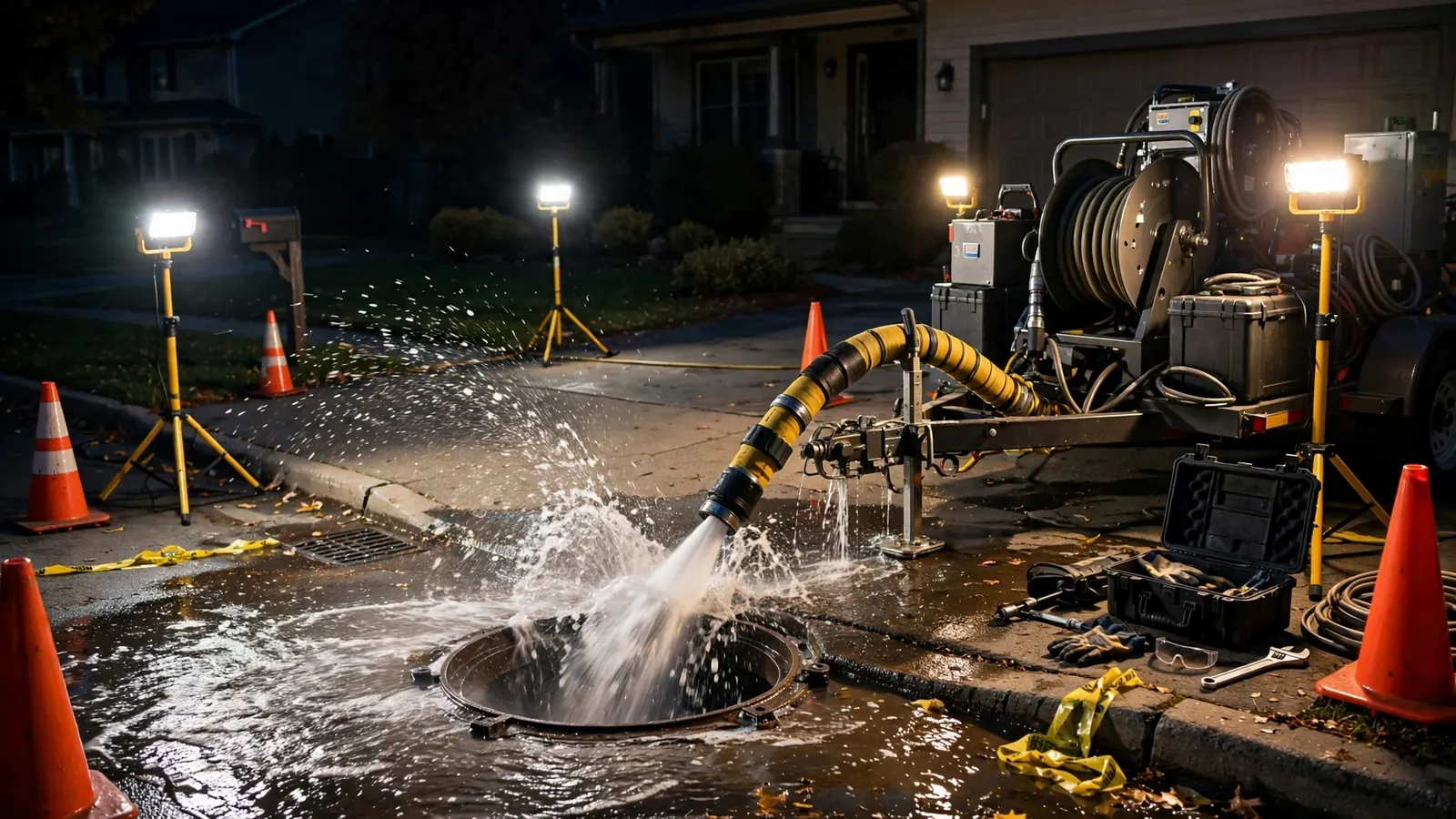 Technician clearing a blocked main sewer line during an emergency call in Leesburg