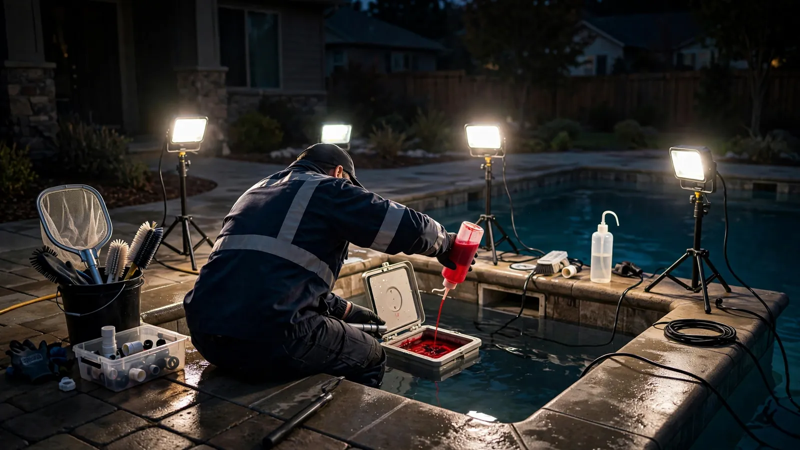 Swimming pool with rapidly dropping water level and flooded equipment pad in Leesburg, Florida