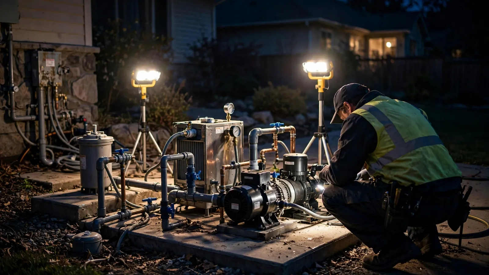 Technician tracing an emergency spa leak at a flooded equipment pad in Leesburg FL