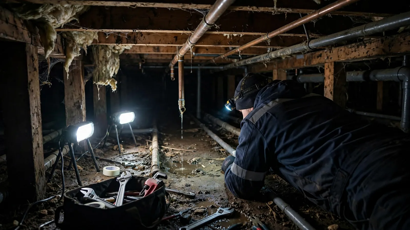 Technician inspecting a flooded under-house crawlspace access with professional lighting in Leesburg, Florida