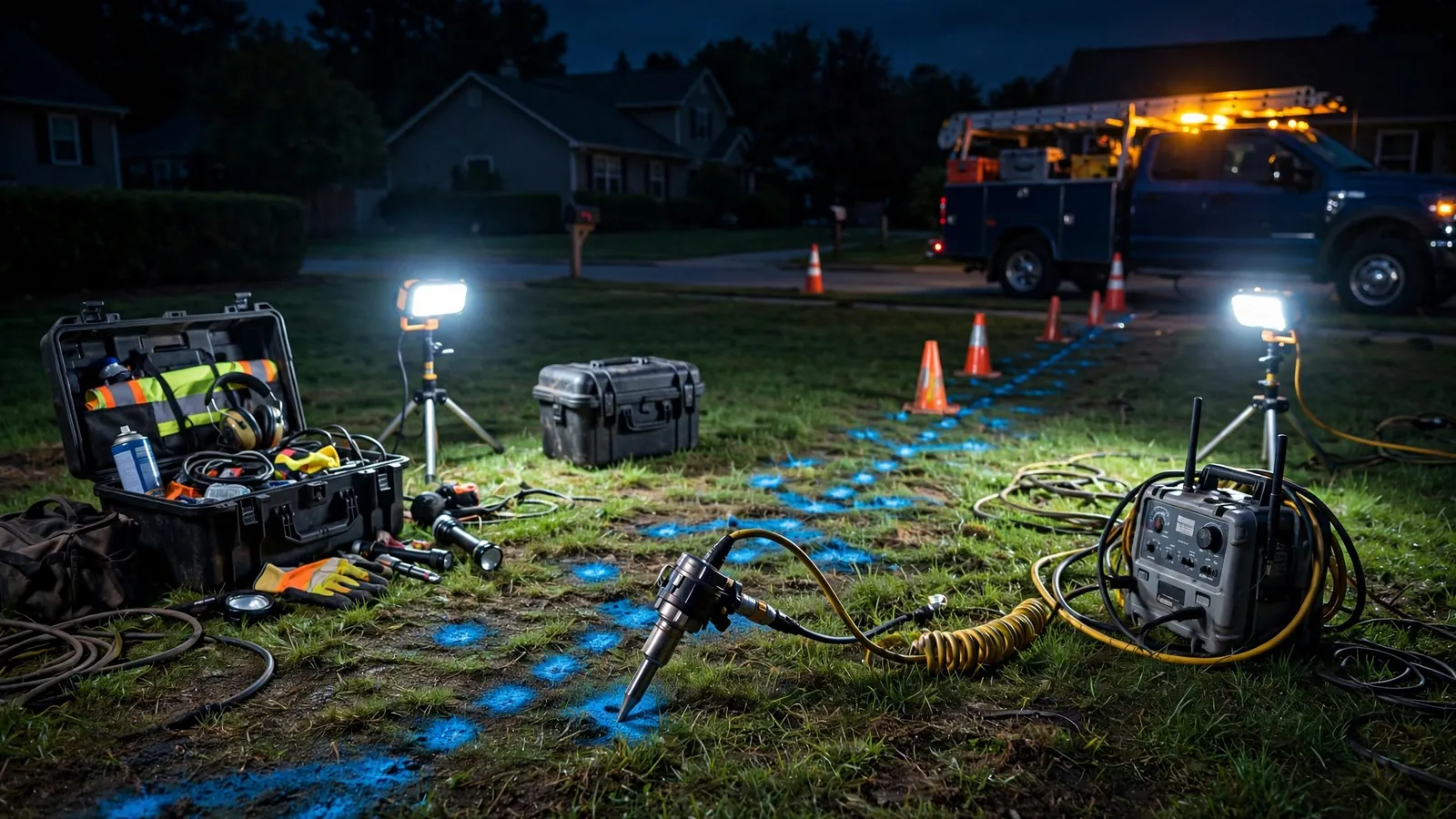 Technician using acoustic ground listening equipment to locate a buried line leak in a Leesburg, Florida yard