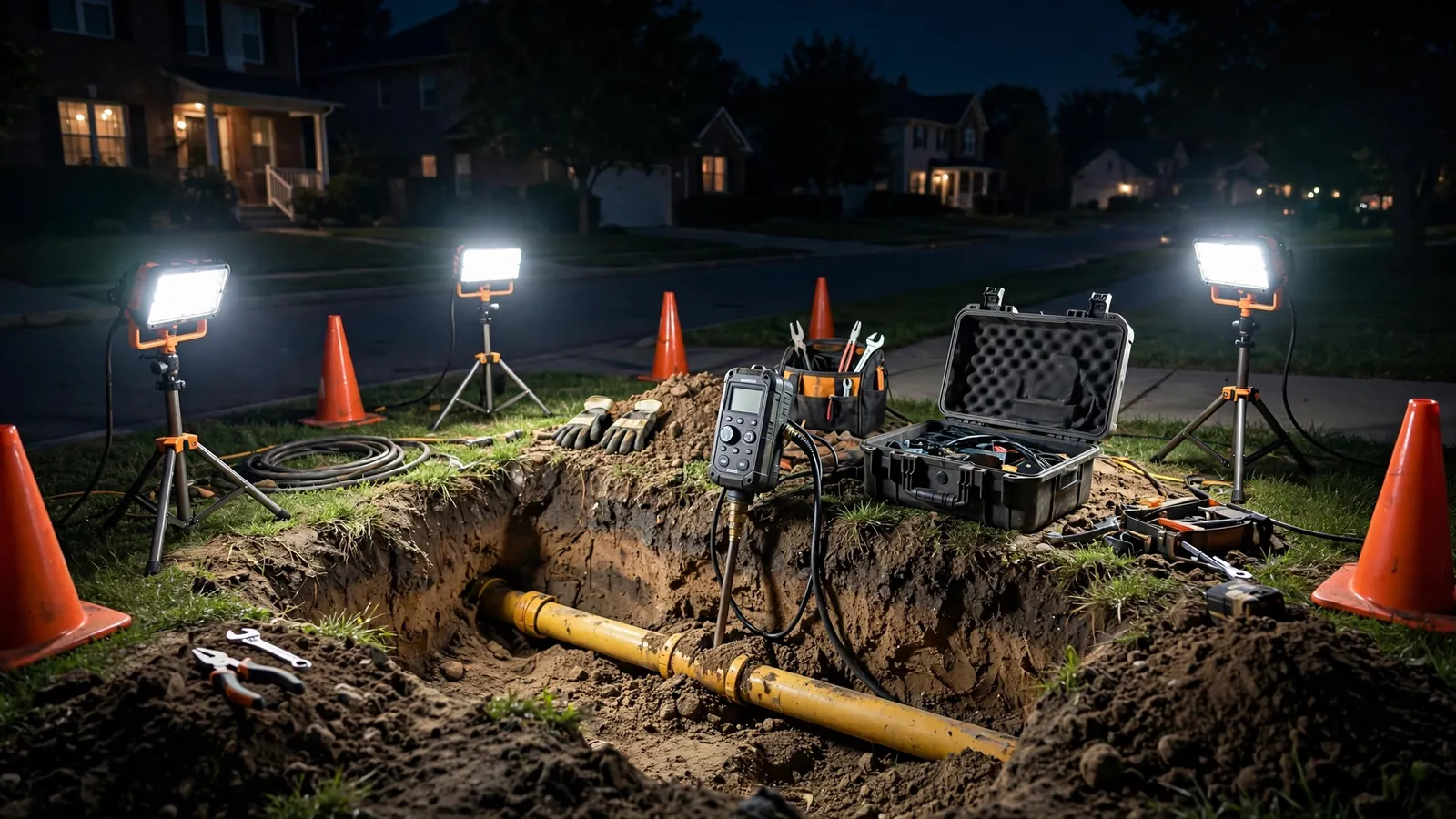 Technician locating a burst underground water pipe in a Leesburg yard