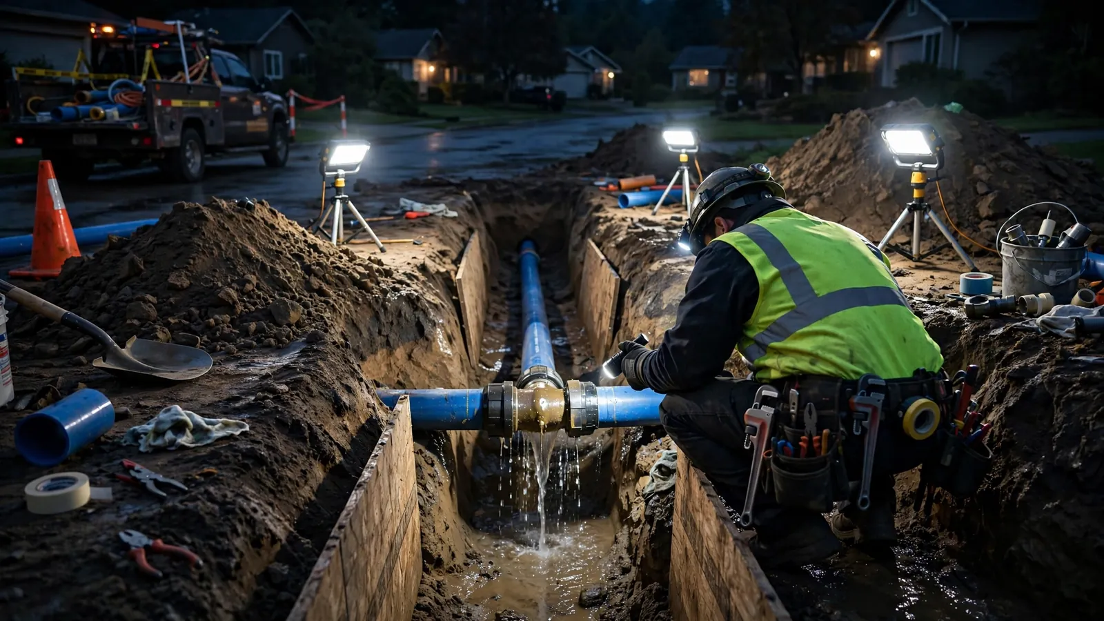 Water surfacing from a burst underground service line in a Leesburg, Florida yard at dusk