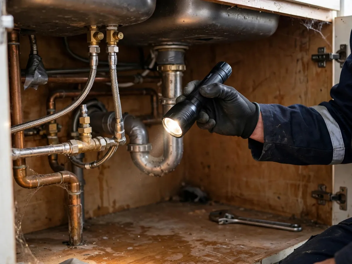 Technician inspecting under-sink plumbing in a Leesburg home