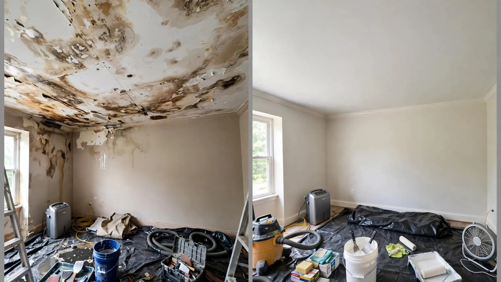 Before: water-stained ceiling tile; after: clean repaired ceiling