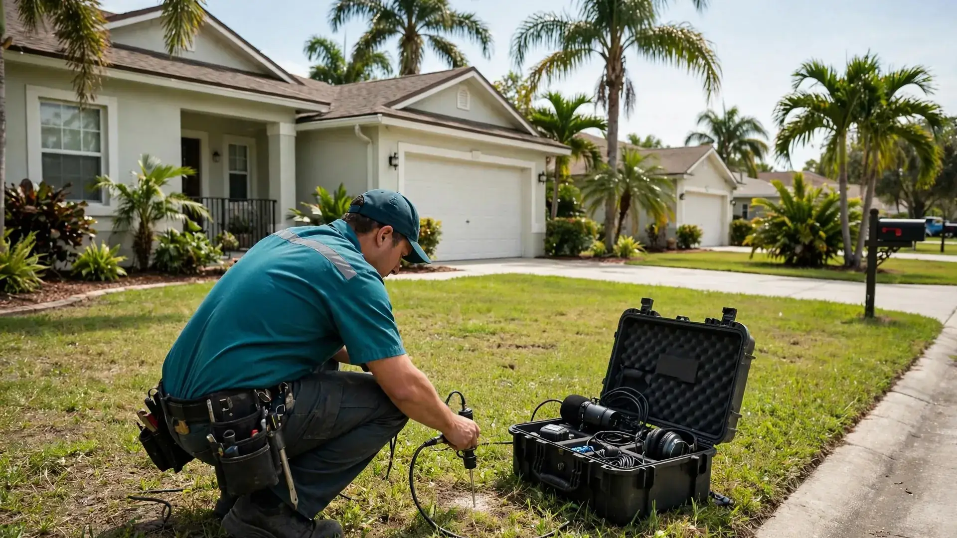 Leak detection technician with professional equipment outside a Leesburg Florida home