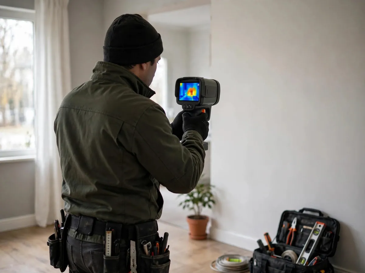 Technician scanning a wall with a thermal imaging camera