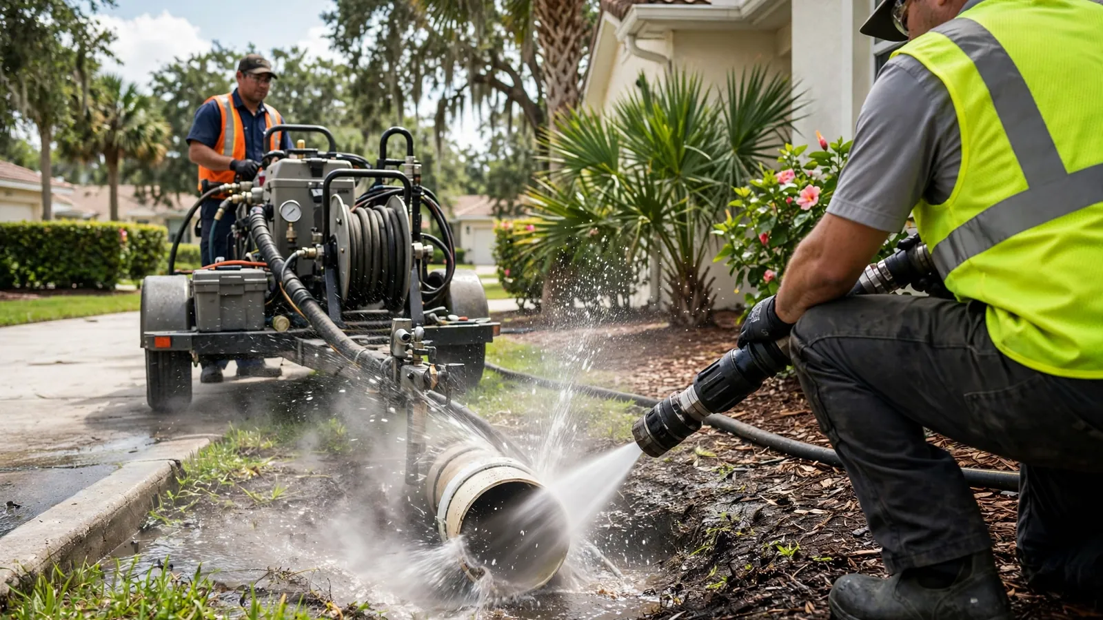 Technician hydro jetting a main sewer line through a cleanout in Leesburg, FL