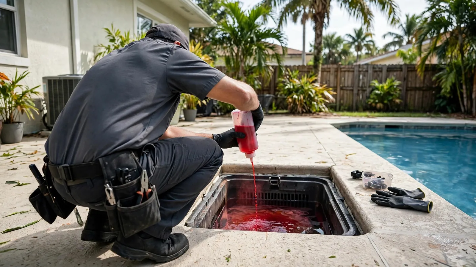 Technician performing dye testing at a pool skimmer