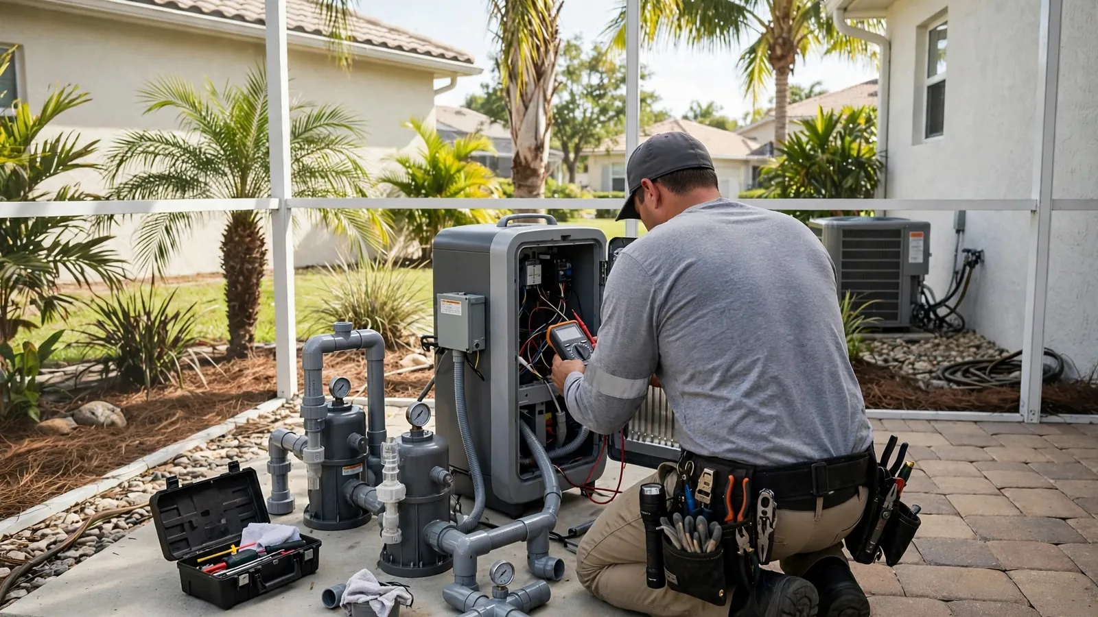 Technician inspecting spa equipment pad pumps and unions for leaks