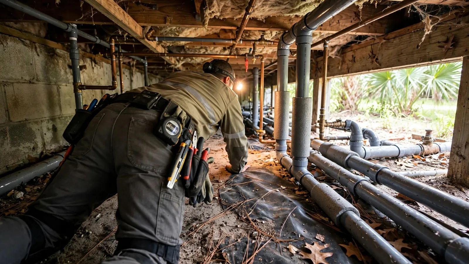 Technician checking for moisture under a raised home with a meter