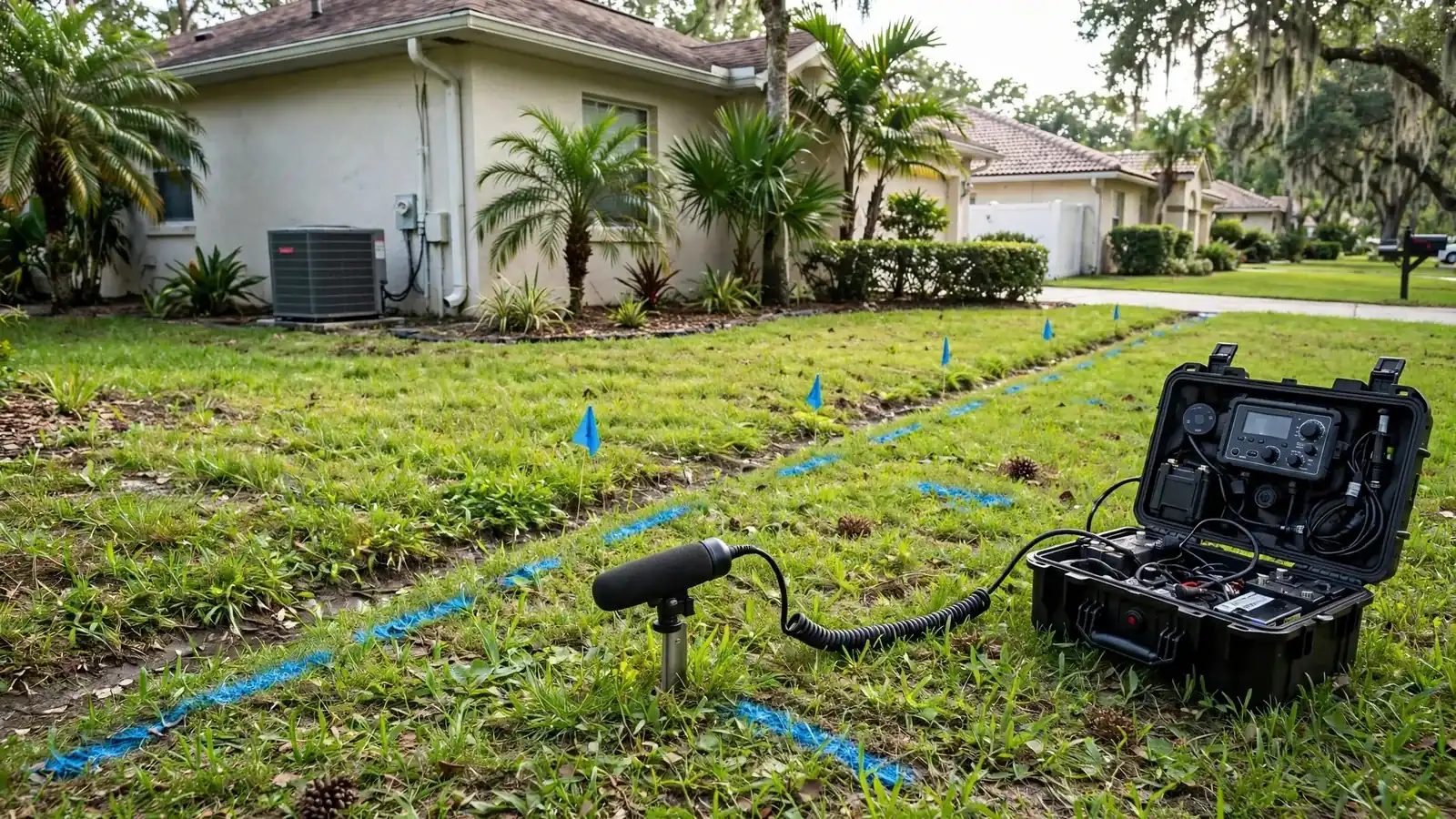 Technician using a soil probe to trace a buried water line leak