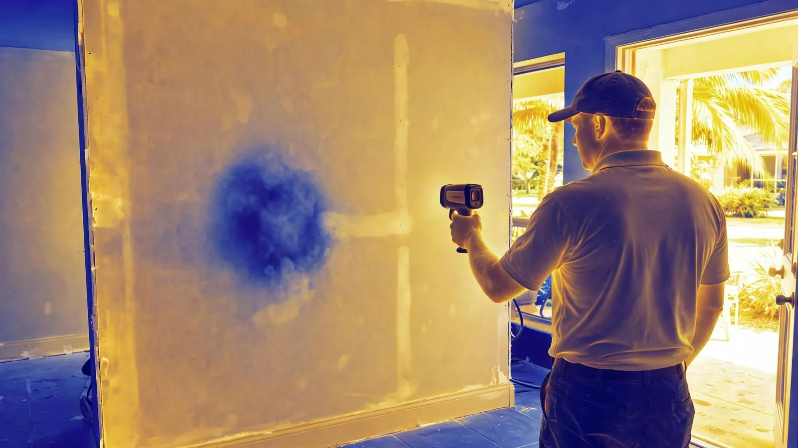 Thermal imaging camera revealing hidden moisture inside a residential wall during leak detection in Leesburg, Florida