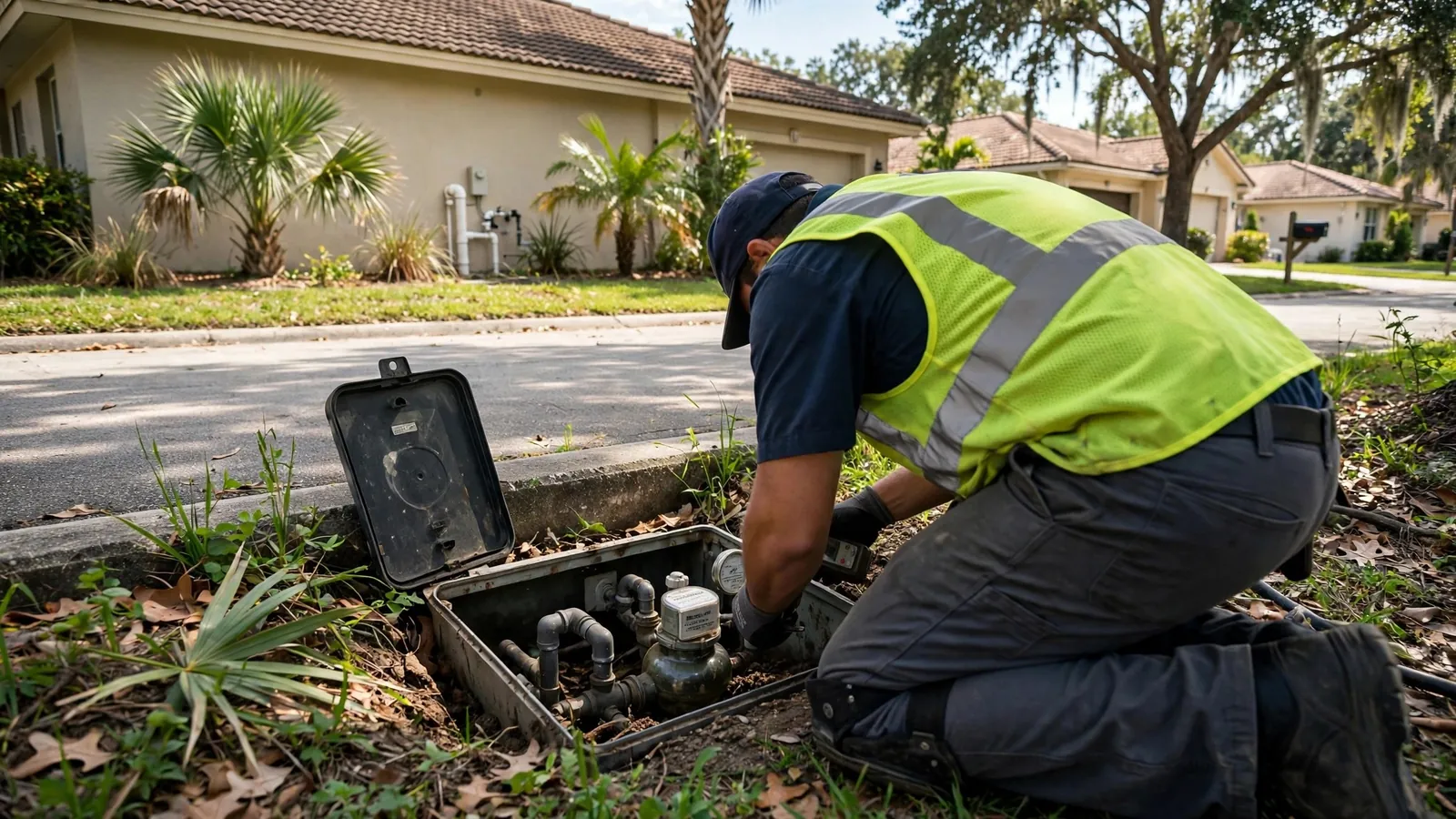 Close-up of a water meter dial being read during a leak isolation test in Leesburg, Florida