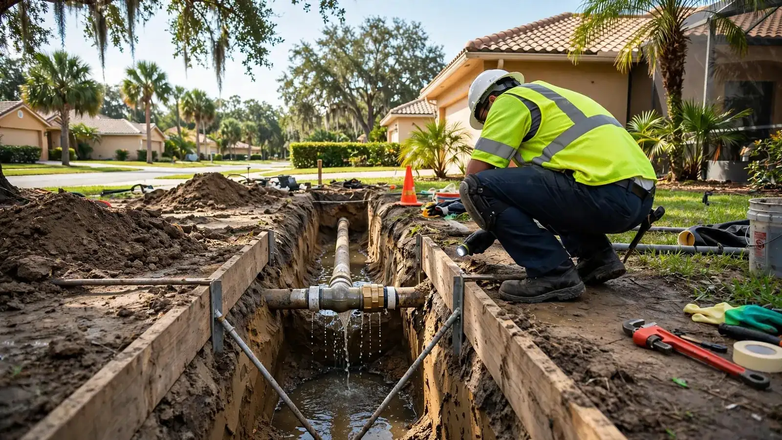 Technician tracing a buried water service line across a lawn with listening equipment in Leesburg, Florida